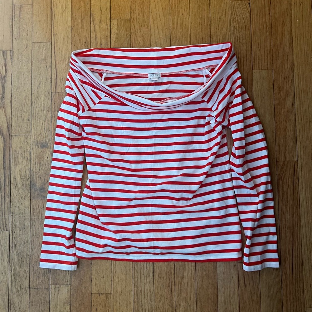J. Crew like new Orange and White off the shoulder Long Sleeve Tee. Never worn!